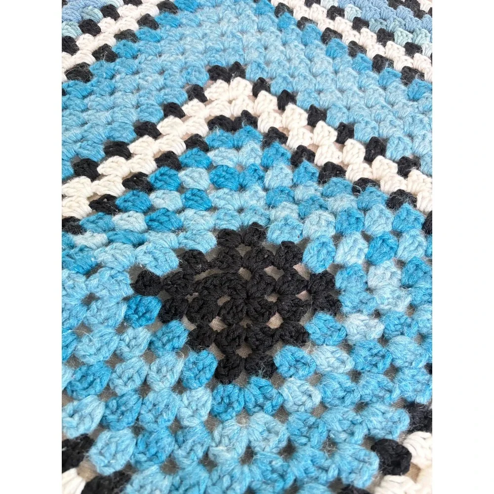 Handmade Crochet Granny Square Blanket Blue Black White Diamond Afghan‎ 48x48